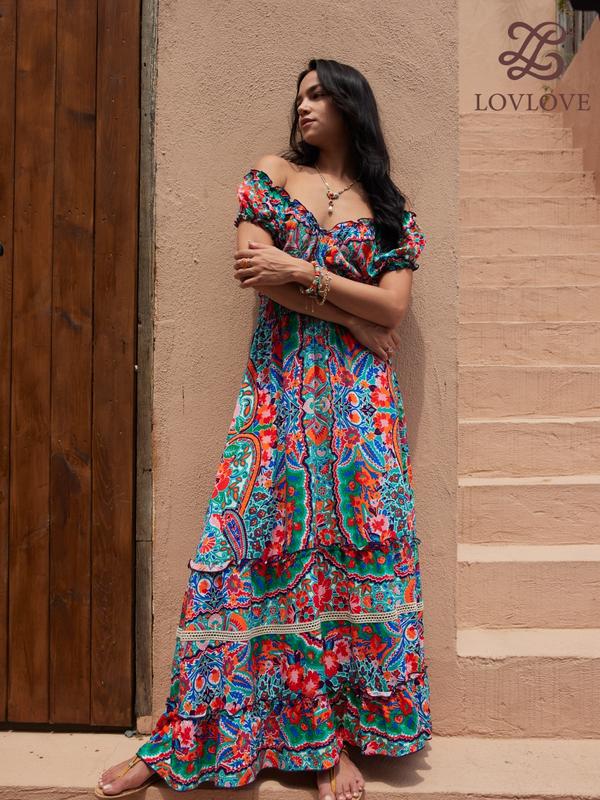 LovLove 1300 brand woman Floral print spaghetti ruffle hem off shoulder backless cami  asymmetric womens fashion bohemian dress 3