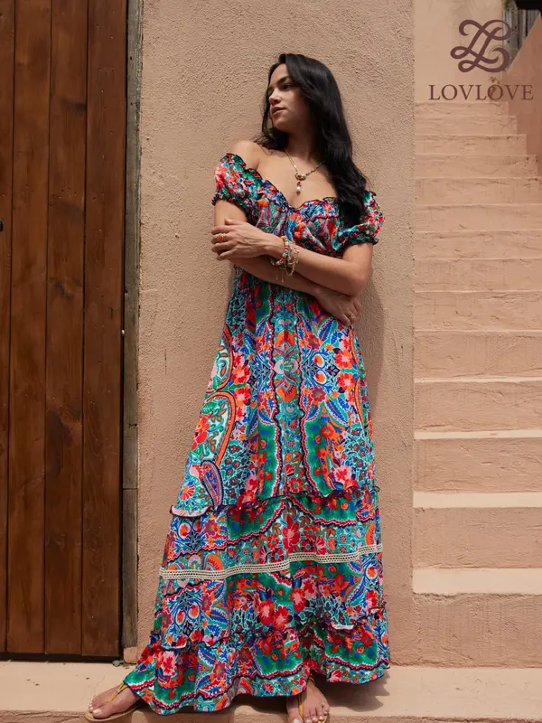 LovLove 1300 brand woman Floral print spaghetti ruffle hem off shoulder backless cami  asymmetric womens fashion bohemian dress 3