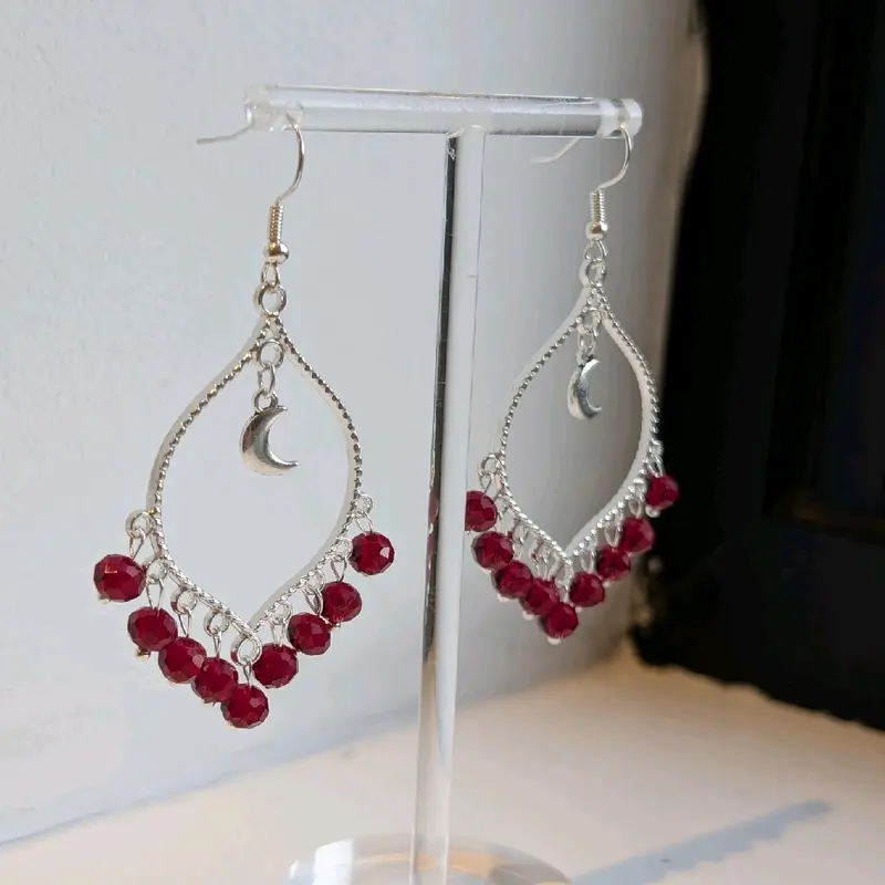 Hand-Made Silver Moonlight Maroon Crystal Bead Earrings for Women - Unique Design 1