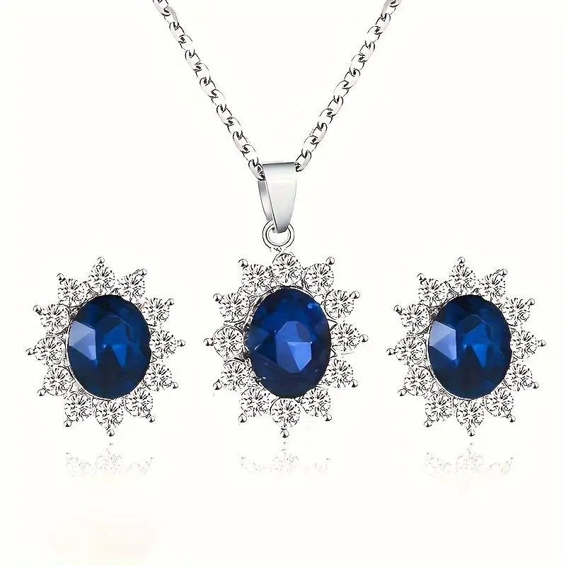 3pcs Earrings Plus Necklace Jewelry Set, Ocean Blue Color stone Match Daily Outfits Dainty Party Accessories