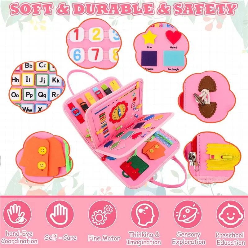 Busy Board for Toddlers, 34 IN 1 Montessori Toys Sensory Activities Preschool Educational Toys for Learning Fine Motor Skills for 2 3 4 5 6 Years, Travel Toys on Plane for Girls Gift - Pink/Unicorn 3