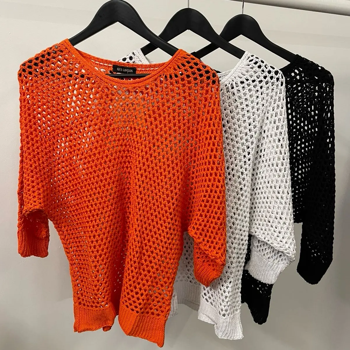 Womens Crochet Net Batwing knitted Jumper Black Orange White Onesize (UK 8-14) Tops