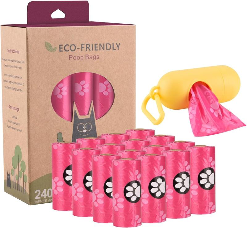 Dog Poo Bags 240 Pink Large Poop bags with Dispenser,Super Strong 100% Leak Proof Poo bags dogs rolls with Corn Starch Compostable 0