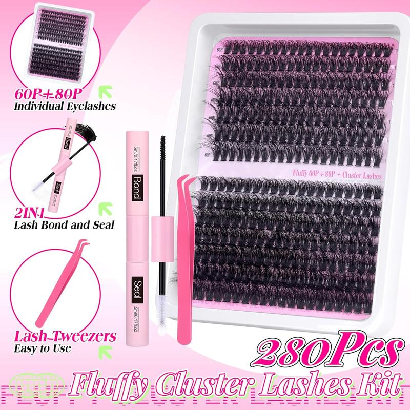 Fluffy Individual Eyelashes Kit 280Pcs   DIY  Extension Kit with  Bond and Seal  Glue and Tweezers - Makeup, Cosmetic Eyelash Extensions Eyelashes Extensions cluster lashes 0