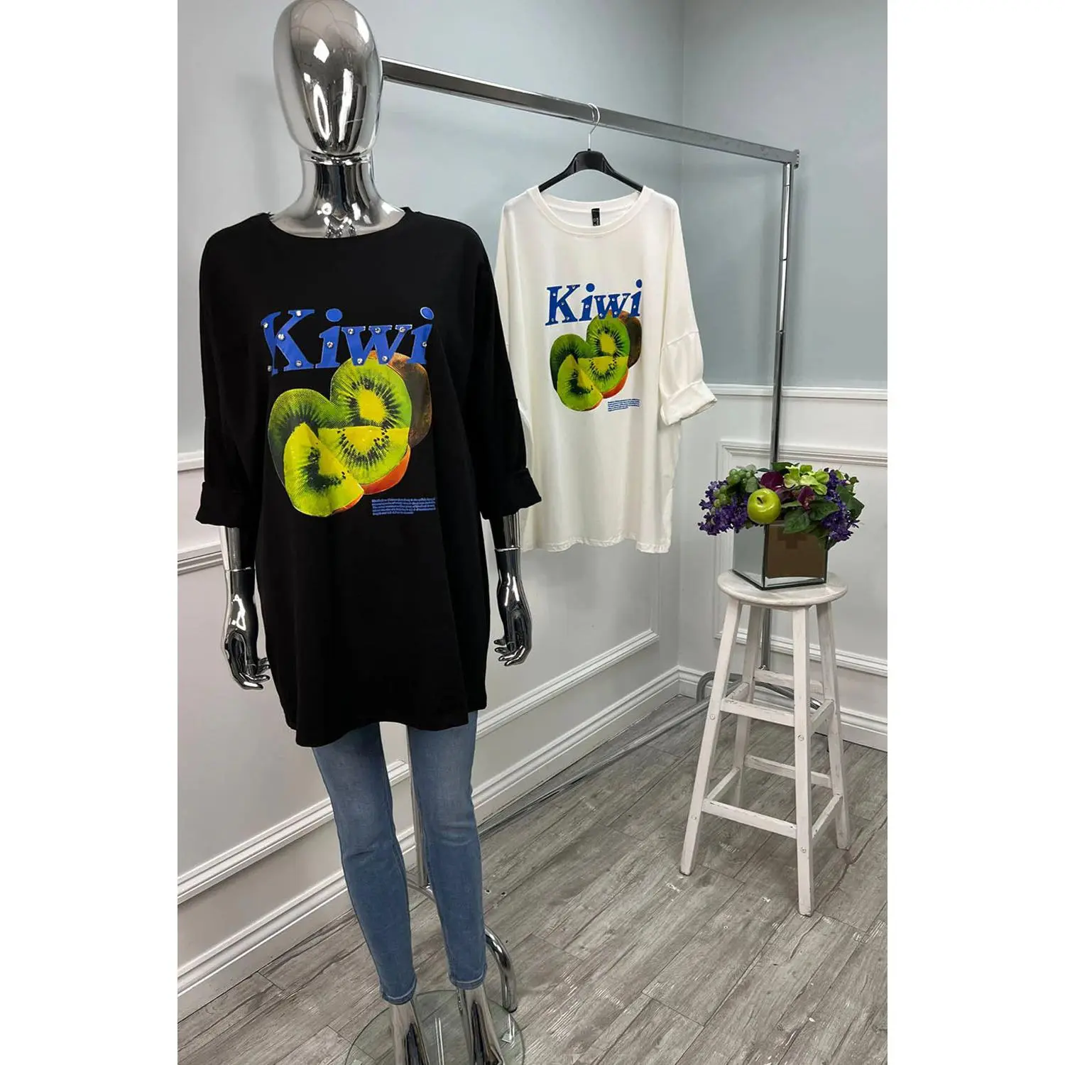 Round Neck, Kiwi 🥝 Print Oversized Top