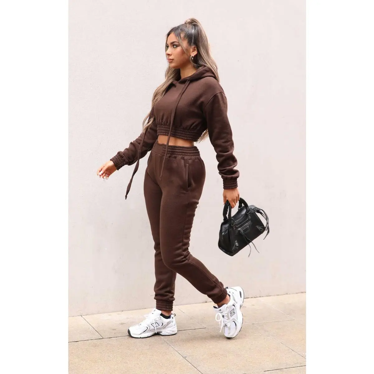 Chocolate Long Sleeve Crop Hoodie High Waisted Joggers Shirred Detail Fleece Loungewear Set - Costella