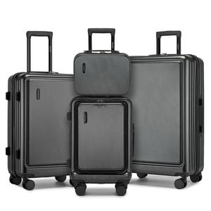 [MissLulu Bags] Metallic Design Cabin Size Suitcase with Front Pocket in 4pc Set 20''/24''/28'' with 13'' Vanity Case and TSA lock and 360 degree wheels - Grey