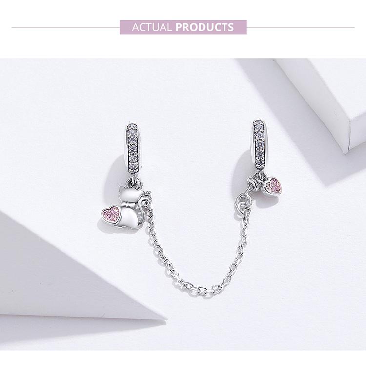 Genuine 925 Sterling Silver I Love My Cat Safety Chain Charm Bead With Cubic Zirconia Compatible With Pandora Bracelets 2
