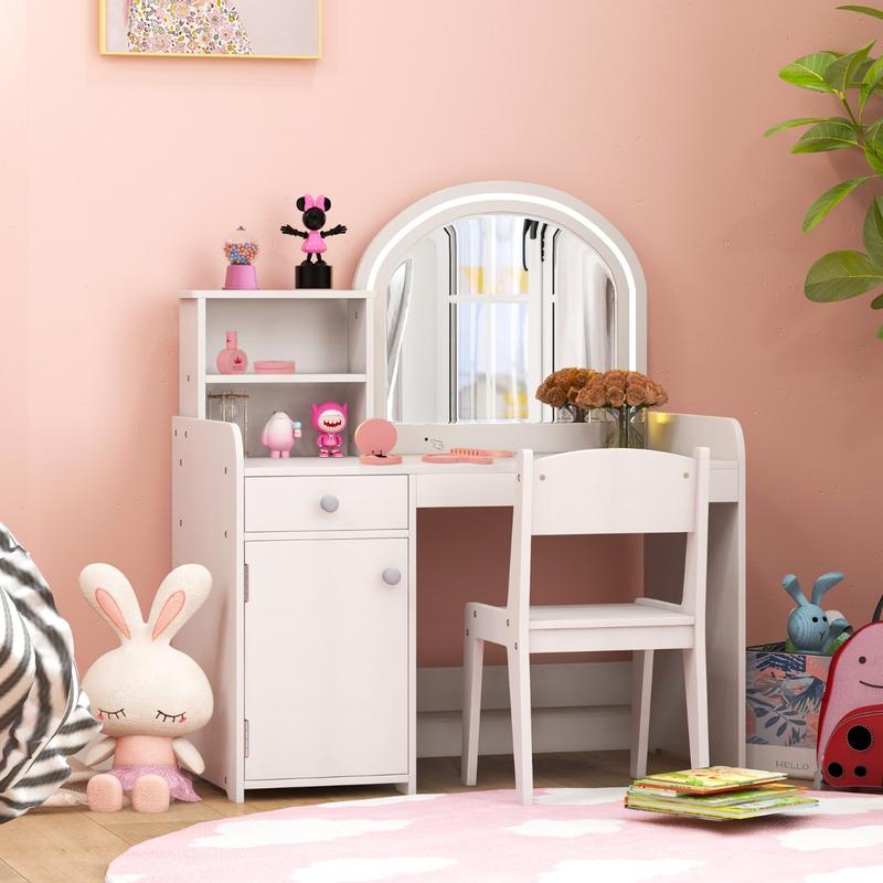 COSTWAY Kids Vanity Table and Chair Set with Shelves Drawer and Cabinet 5