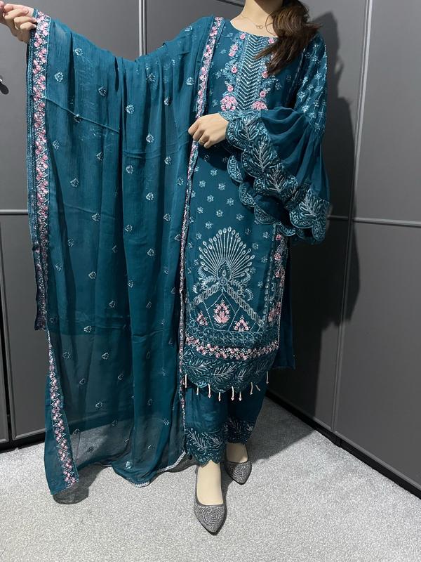 TEAL 3Pc Embroidered Chiffon Collection With Embroidered Chiffon Dupatta 1