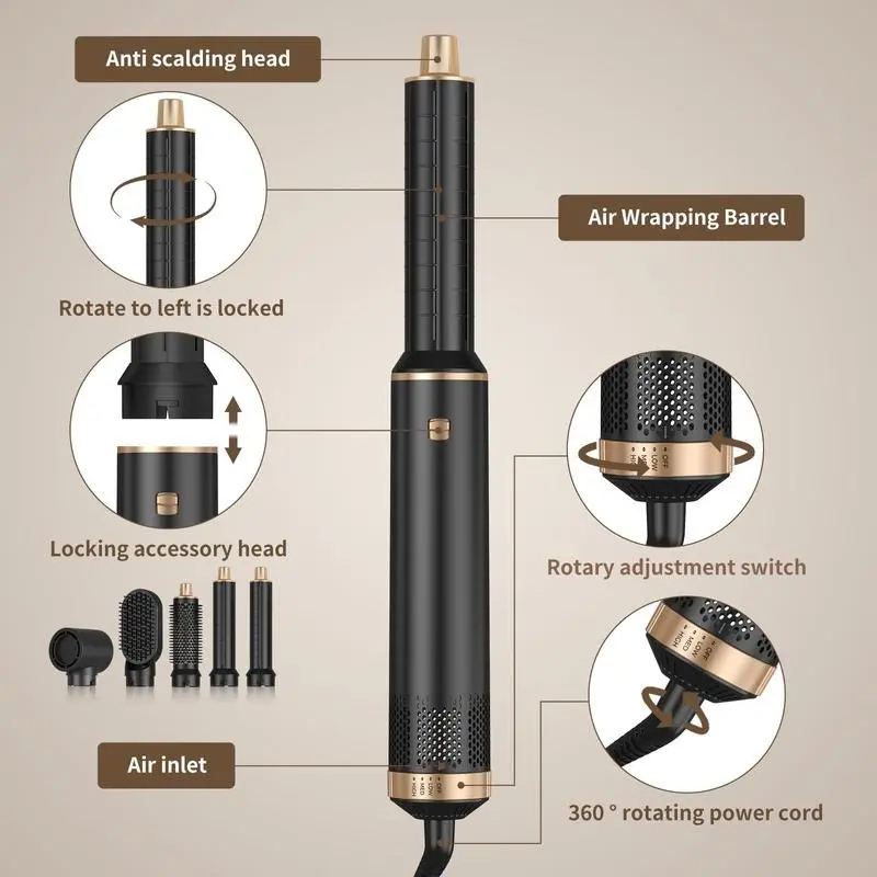 5 in 1 Multifunctional Hair Stylers, 1 Set Professional Hair Straight Curling Blow Dryer with Replacement Heads, Hair Styling Tool for Home & Salon Use, Hair Products 6