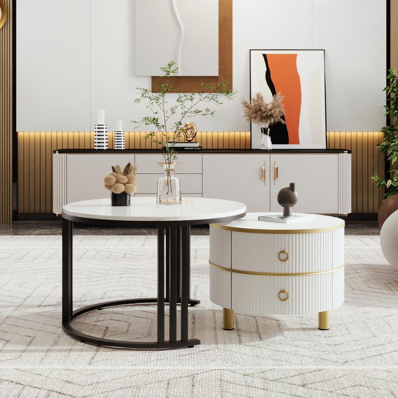 2024 High Quanlity 2-in-1 round MDF coffee table with 1 high-gloss table top and 1 side table with brown tempered glass tabletop, living room coffee table set with 2 drawers, 70*70*45 + 50*50*40 cm Modern Furniture Coffee Table for Living Room 7
