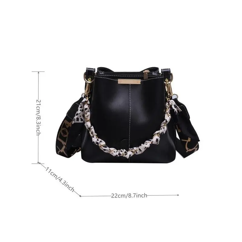 2025 new model Spring Chain Decorated Bucket Bag for Women, Solid Color Crossbody Bag with Silk Scarf, Minimalist Wide Strap Lux Bag for Women's Work & Daily Use Mother's Day Gift 8