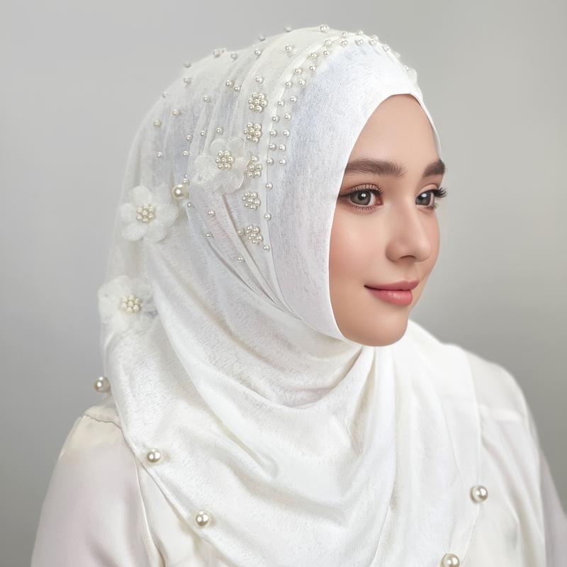 Luxurious Pearl Flower Instant Hijab - Soft, Breathable, Solid Color Pullover Bandana for Casual Outdoor Sunscreen and Head Wrap - Elegant, Comfortable, and Versatile Fashion Accessory 1
