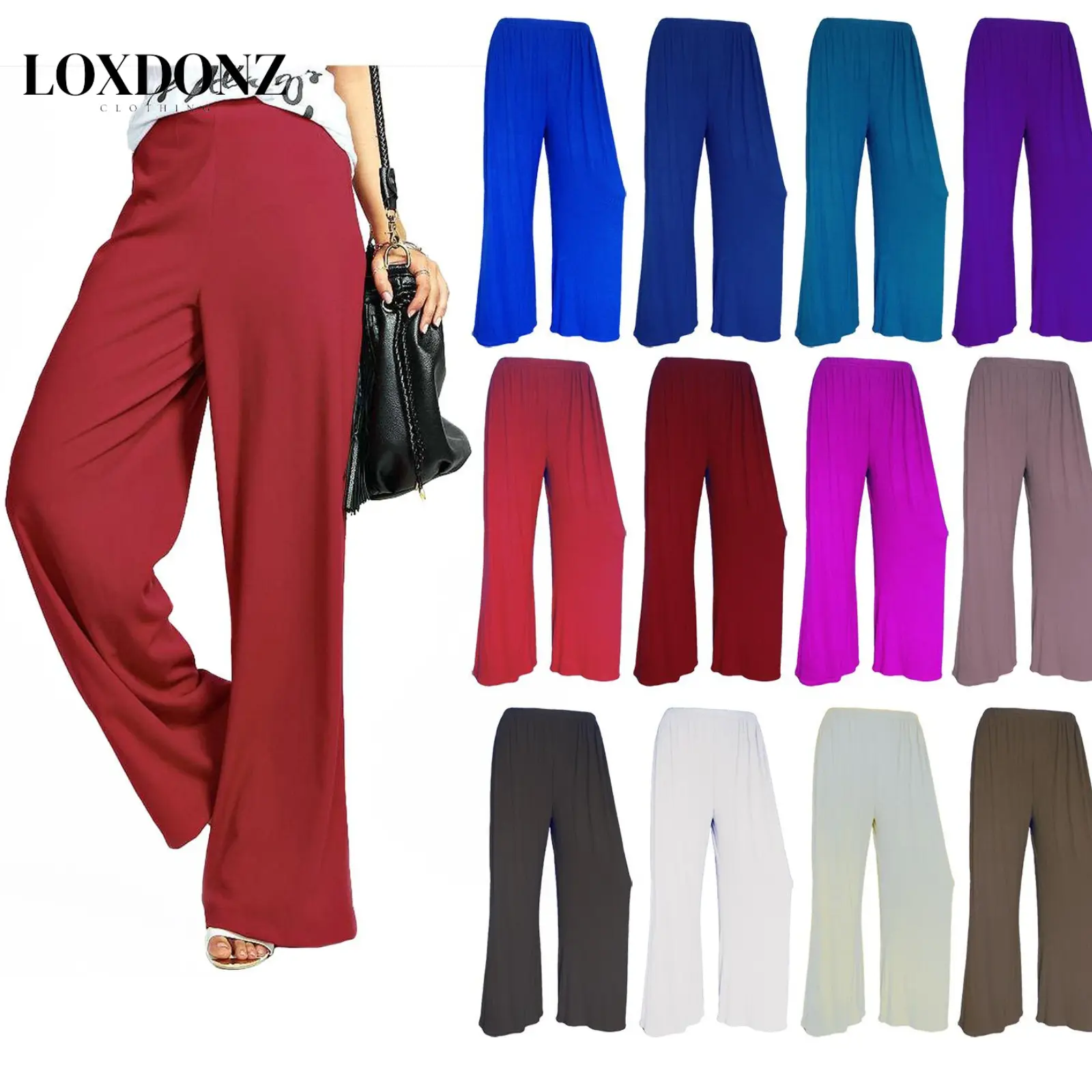 Loxdonz New plus size womens plain PALAZZO wide leg flared ladies trousers pants 8-26 Womenswear Bottom Comfortable Comfort Stretchy Summer Underwear Viscose