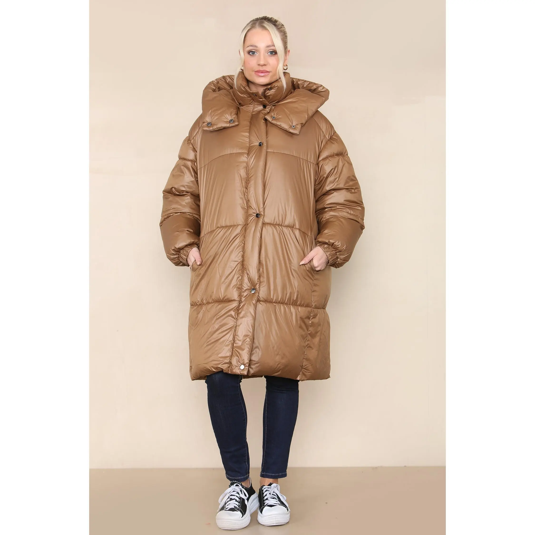 Women's Chocolate Longline Maxi Quilted Padded Coat - Ladies Comfort Warm Puffer Winter Down Jacket with Pockets, Long Sleeve with Full Zip Oversized Winter Gilet Bodywarmer Outwear Casual Hoodie Soft Womenswear Casual Wear Outdoor Style Casual Hoodie