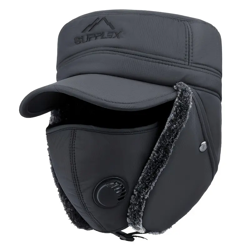 Winter Flat Top Hat with Face Cover for Middle-aged And Elderly Men, Outdoor Cycling Ski Hat, Windproof And Ear Protection Hat 3