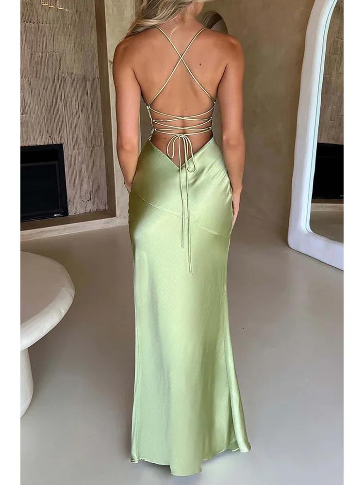 Product Introduction of Bandage Backless Elegant Dress Split Hem Spaghetti Strap Slim Cocktail Party Club Fashion Satin Solid Lace-Up Long Dresses 20