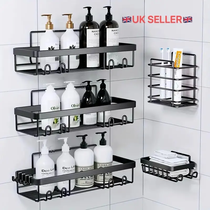 5 Pieces Stainless Steel Bathroom Wall Mounted Storage Rack Set - Includes 3 Shower Caddies, 1 Soap Rack, 1 Toothbrush Holder