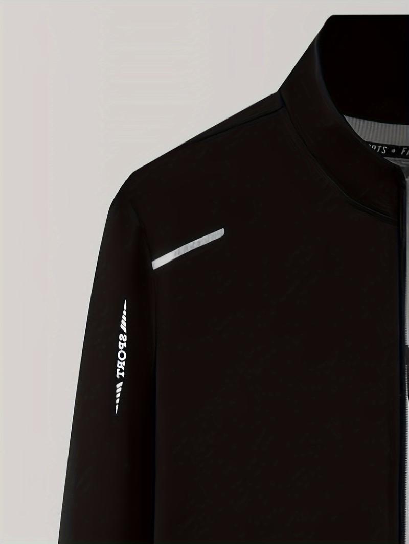 Product Introduction of Stylish Sports Outfit| Men's Athletic & Casual Tracksuit Set - Zip-Up Stand Collar Jacket with Pockets & Elastic Waist Joggers, Polyester Blend, Black - Perfect for Spring/Fall 7