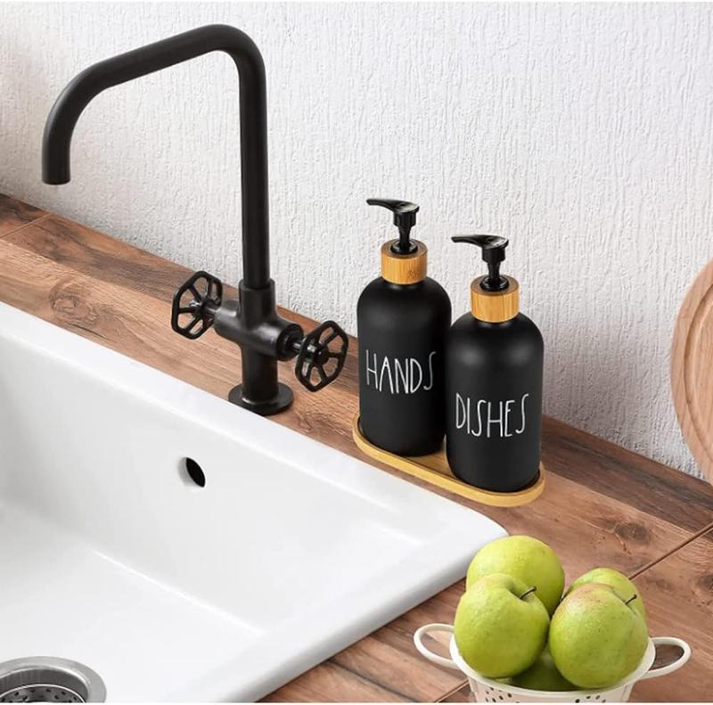 Glass Soap Dispenser Set of 2, Glass Soap Dispenser Bottle with Pump, 16 Oz Refillable Liquid Hand Jar Dispenser for Bathroom, Countertop, Kitchen, Laundry Room (Black) 2