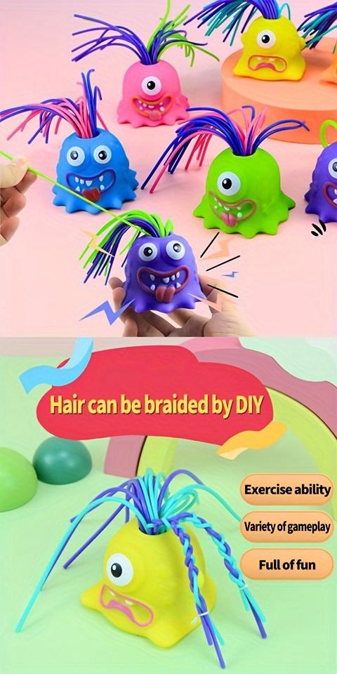 Product Introduction of 1pc Funny Prank Toy, Pull Hair Plush Toy that Screams Loudly, Multiple Sounds, Plastic Material, Random Color (Green, Orange, Pink, Yellow, Purple, Blue), with Back to School, New Semester, Ramadan Mubarak, Easter for Relieving Stress and Novelty Toy 3