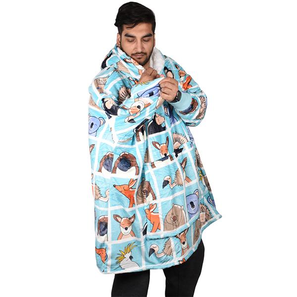 Mens Womens Oversized Animal Box Sherpa Fleece Blanket Hoodie cold wash black 2