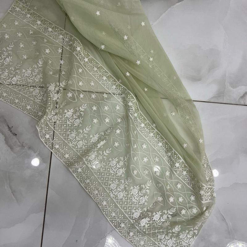 Iqrah chiffon suit with white Mint green 4