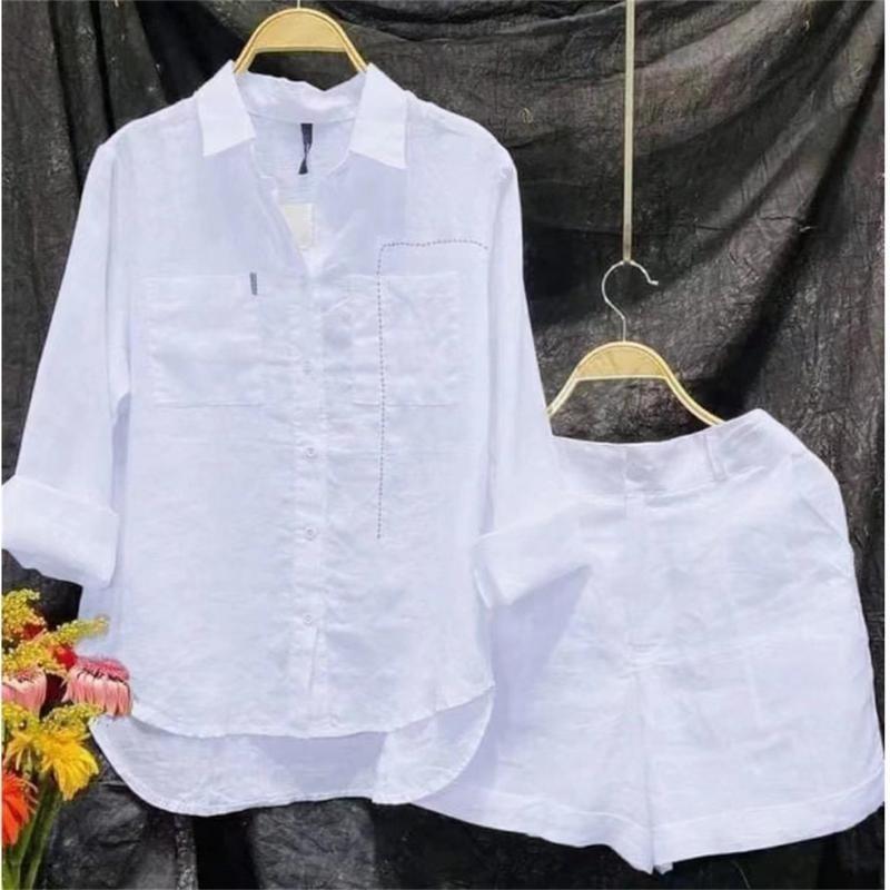 Women's Solid Color Shirt Shorts Set Spring Summer Loose Long Sleeved Stand Collar Casual Fashion Office Home Two Piece Sport 1