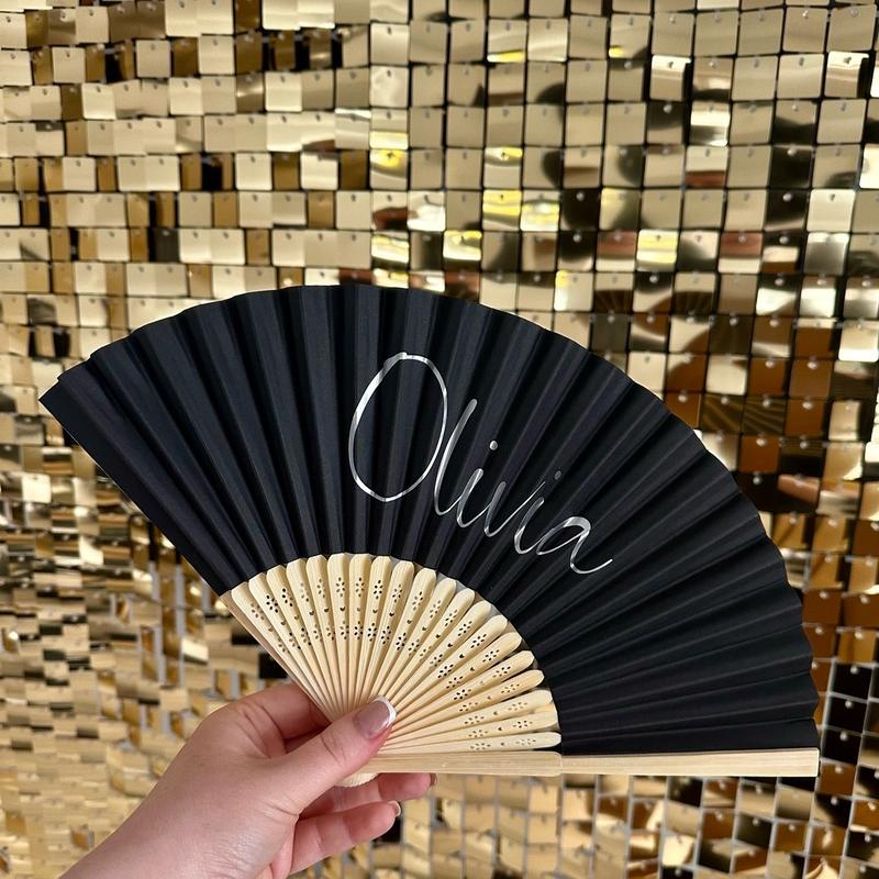 Personalised NAME Hand Fan - Bamboo - Paper Foldable Fan - Black, White, Pink, Orange, Lilac - Personalised with Vinyl - Party, Holiday, Wedding, Business, Hen Party Lightweight Gift Decor 1