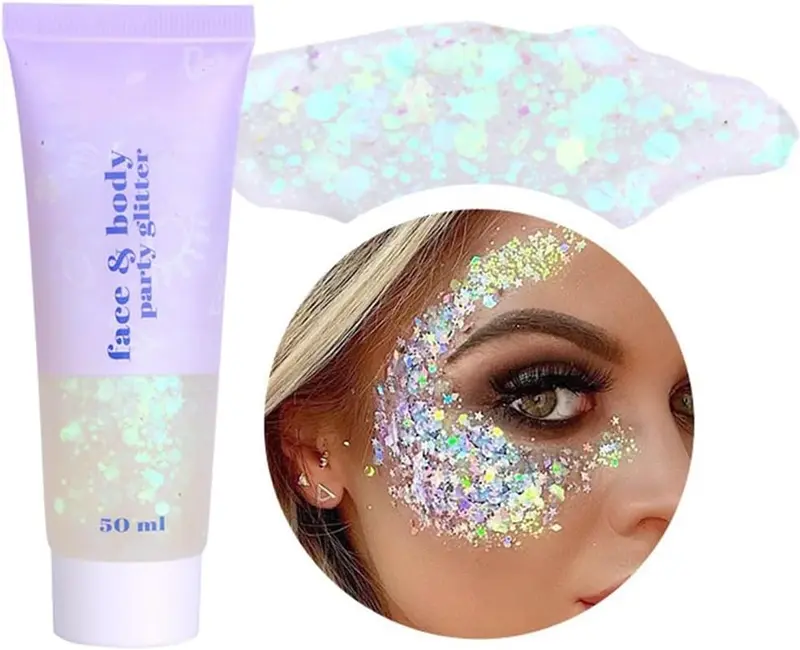 Body Glitter Gel, 50ML Face Glitters Body Gel Sequins Shimmer Liquid Eyeshadow, Mermaid Sequins Liquid Holographic Glitter Gel, Chunky Glitter for Face Hair Nails (White) Makeup Cosmetic 0