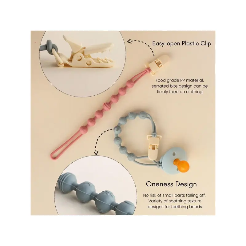 1pc Baby Silicone Pacifier Clip Holder With One-Piece Beads Design, Soft Flexible Binky Paci Clips With Texture For Baby Boys And Girls, Newborn Baby Essentials 2