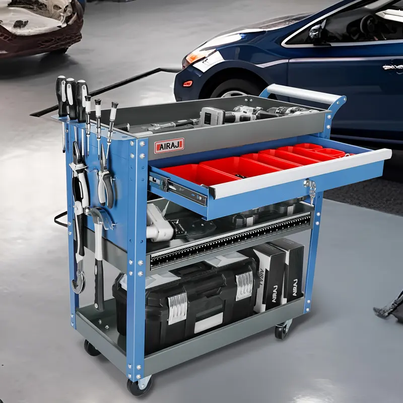 3 Tier Rolling Tool Cart, Mechanic Tool Cart On Wheels, Industrial Utility Cart With Drawers And Pegboard, 199.58 KG Capacity Tool Storage Cart For Garage, Warehouse, Blue 5