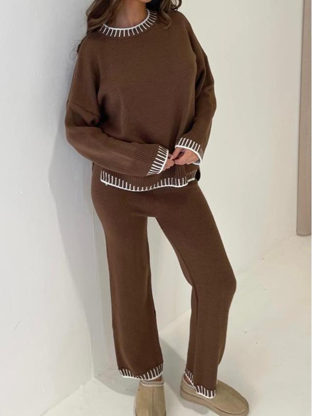 Product Introduction of Women's Stitched Knitted Jumper Top Wide Leg Trousers 2PCS Co ord Loungewear Set Long Sleeve Winter Basic Comfort Womenswear Casual Comfortable Coord Fit Overalls 6