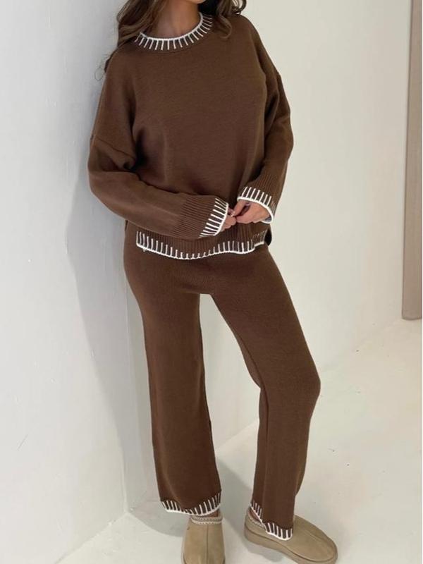 Women's Stitched Knitted Jumper Top Wide Leg Trousers 2PCS Co ord Loungewear Set Long Sleeve Winter Basic Comfort Womenswear Casual Comfortable Coord Fit Overalls 4