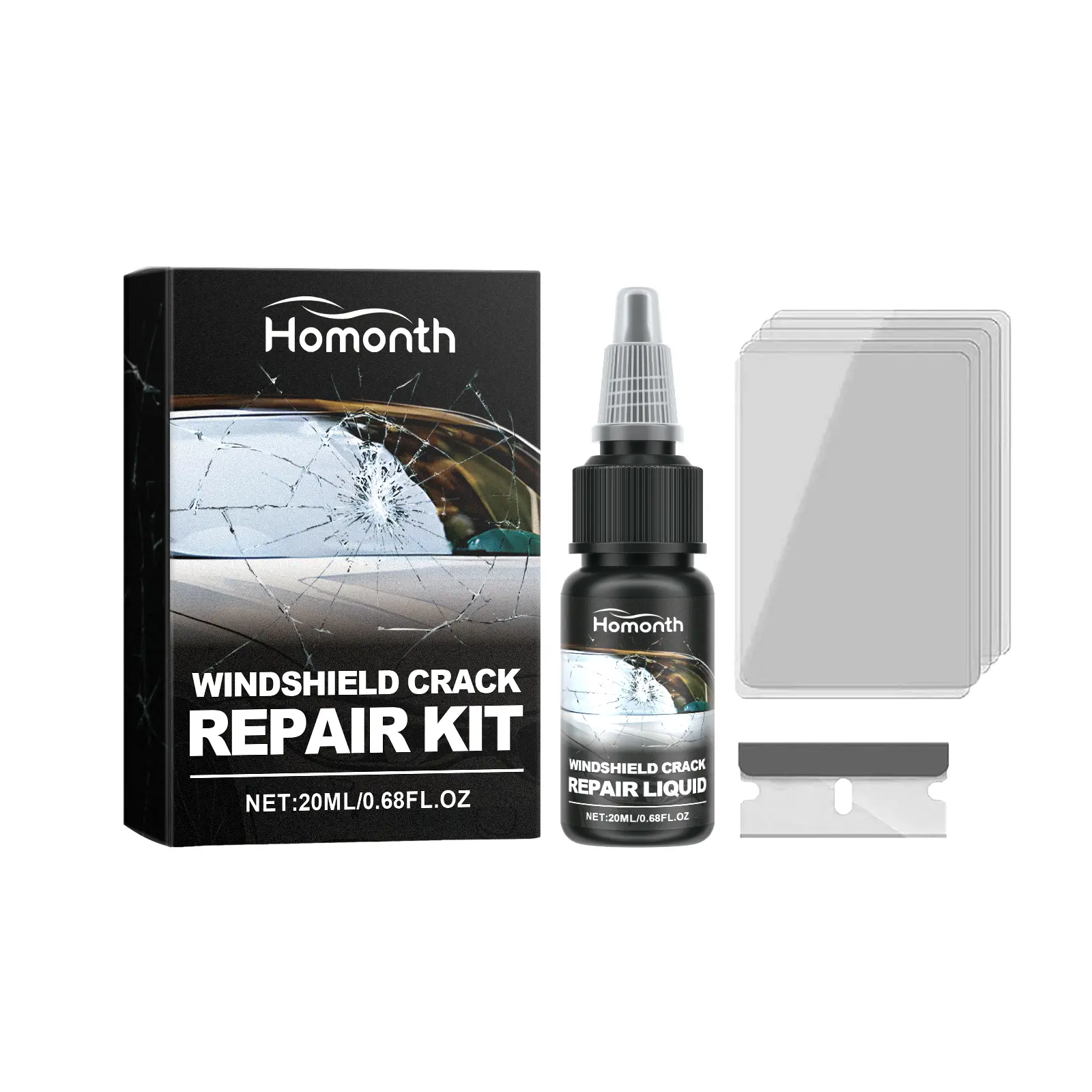 HOMONTH Windshield Crack Repair Kit, Clear Vision Automotive Front Windshield Nano Repair Solution Set
