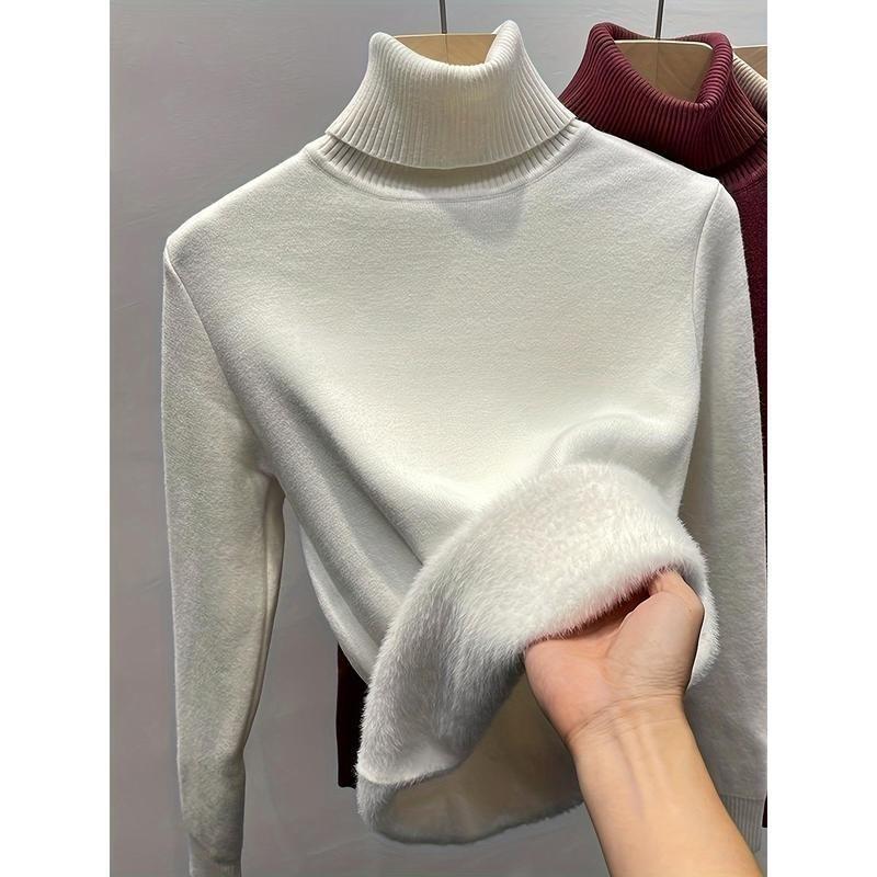 Women's Thickened Fleece Lined Slim Fit Top, Warm Turtleneck Pullover, Casual Style Long Sleeve Base Layer Top For Winter Knitwear Womenswear Underwear Comfort Lady Knitting 7