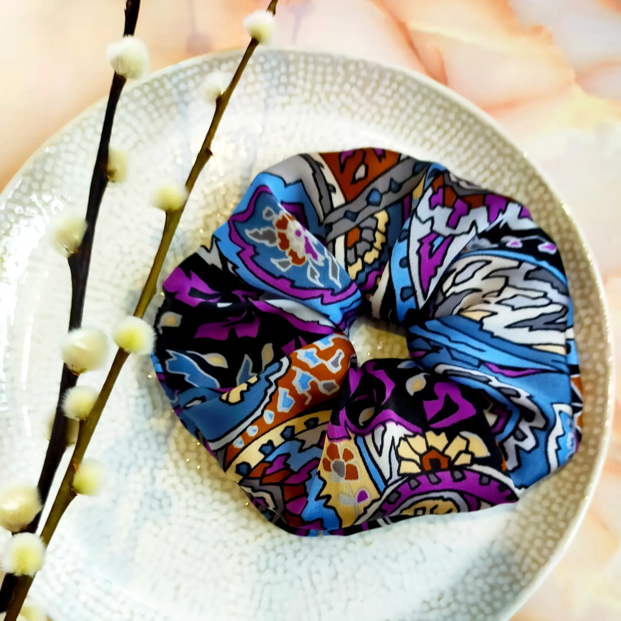 "Sage" Multi Coloured Paisley Print Satin Hair Scrunchie