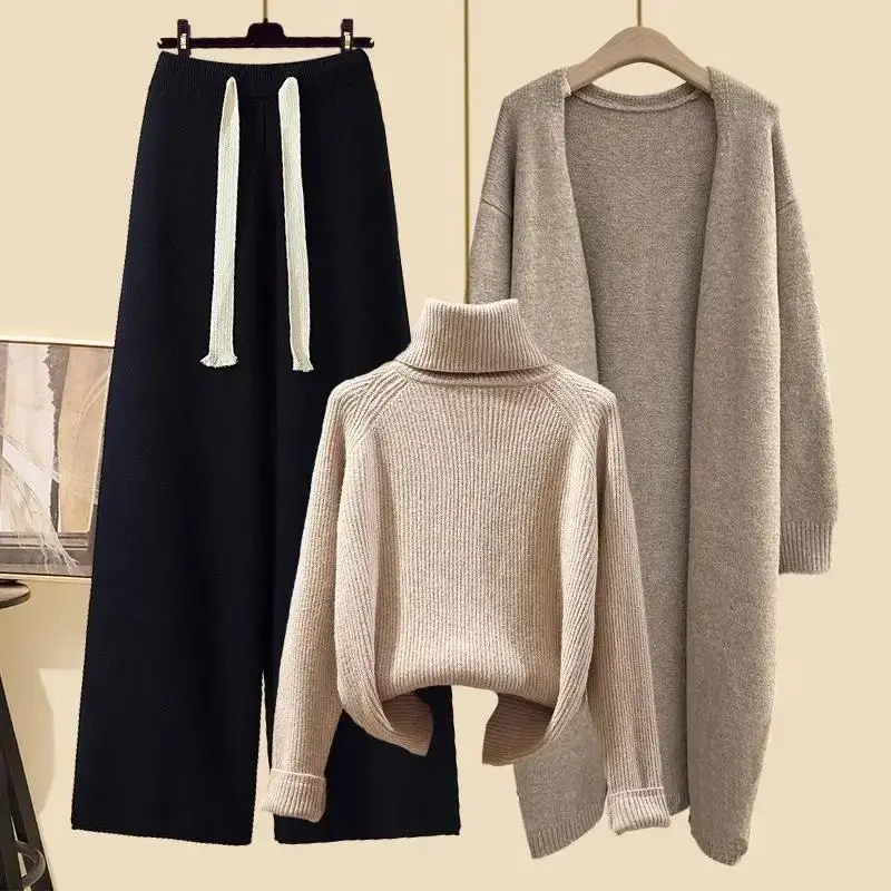 Plus Size Women's Winter Cardigan Jacket Polo/turtle Neck Sweater Bell Bottoms Three-piece Set New Style Long Length 7