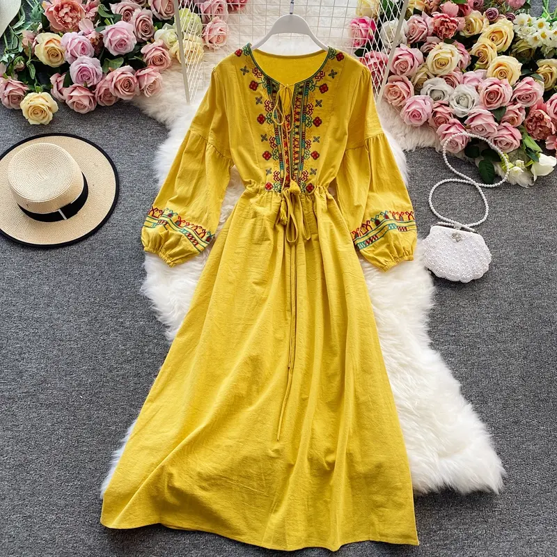Seaside Vacation Dresses Women Bohemian Beach Style Lantern Sleeve Long Dresses