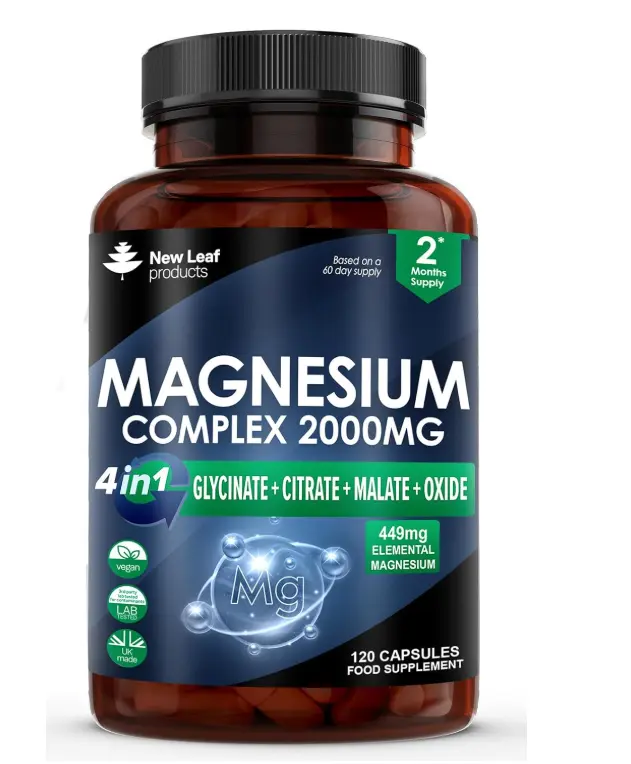 Magnesium Glycinate 4-in-1 Complex 2000mg 449mg Elemental Magnesium High Strength Magnesium Supplements Bisglycinate,Citrate,Malate,Oxide 120Cap Vegan UK Made Healthcare Dietary Fitness Vitamin magnesium  glycinate alpha  lipoic Edible magnesium Calcium