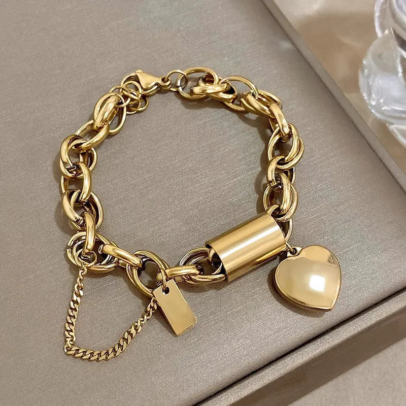AENSOA Punk Chunky Double Thick Chain Stainless Steel Bracelets for Women Fashion Golden Heart Love Buckle Pendant Wrist Jewelry 3
