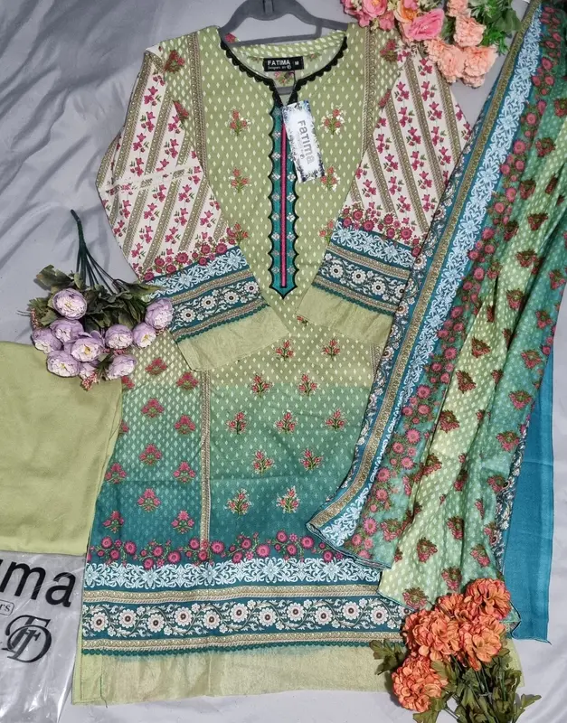 Readymade 3pc Fatima Designer Dhanak Sequence EMB With Wool Shawl 3 Piece Fancy Dhank Shirt With Wool Shawl 3 Piece Suit Embroidery Daman Bazo lace Border Matching Trouser Embroidered Long Sleeve Ethnic Shirt Matching wool Shawl Comfort Womenswear 4