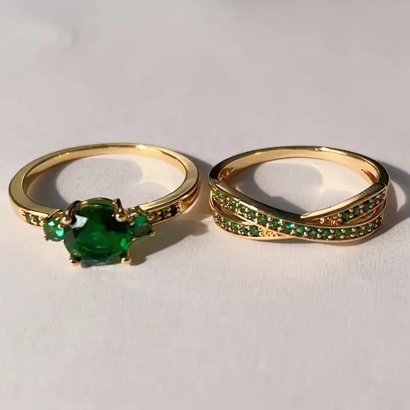 Product Introduction of Elegant Golden-Tone Ring Set with Green Gemstone and Crystal Accents – Stylish Multi-Band Design for Daily Wear or Gifting, Daily Wear Jewelry|Stacked Ring Design|Precious Metal Look 2