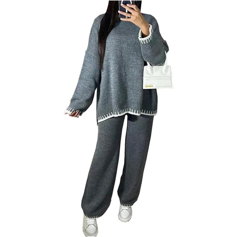 Womens Knitted Lounge Wear Ladies Wide Leg Palazzo Top Tracksuit 2 Pcs Co Ord Set 4