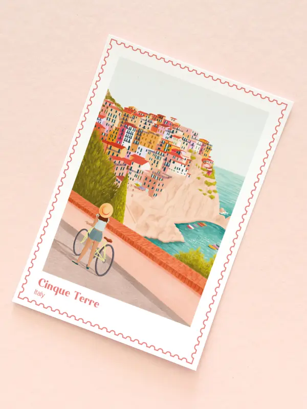 Cinque Terre travel postcard, Travel keepsake, Italy illustrated postcard, Italian postcard, Surprise trip reveal, Travel gift, Mini print 1