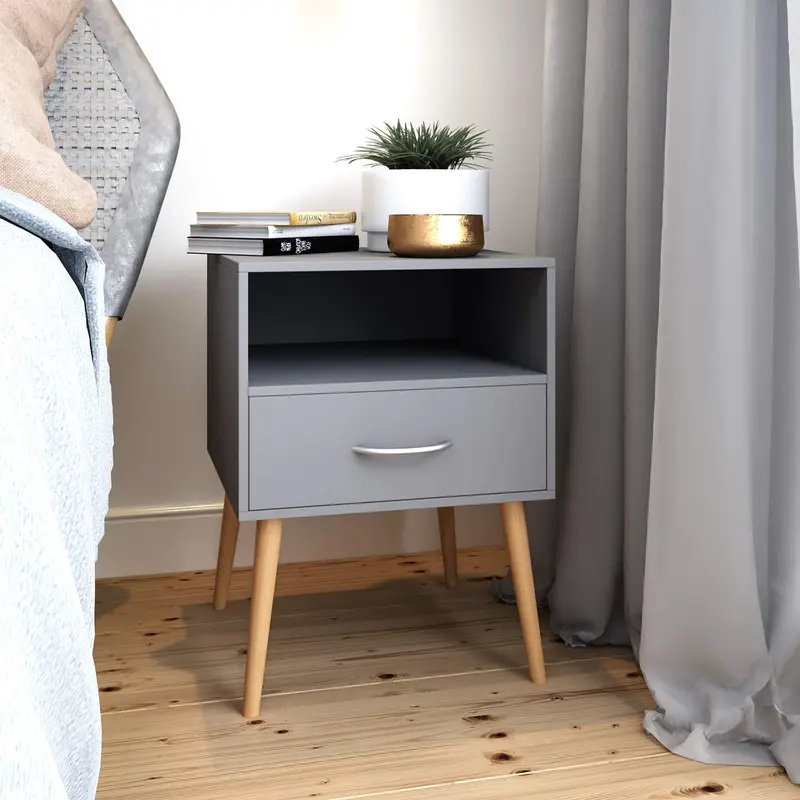 Joolihome Joolihome Wood Bedside Table Set of 2 Cabinet Storage Nightstands 1 Drawer with Metal Handle, 42 x 42 x 56 cm (Grey, 2) 1