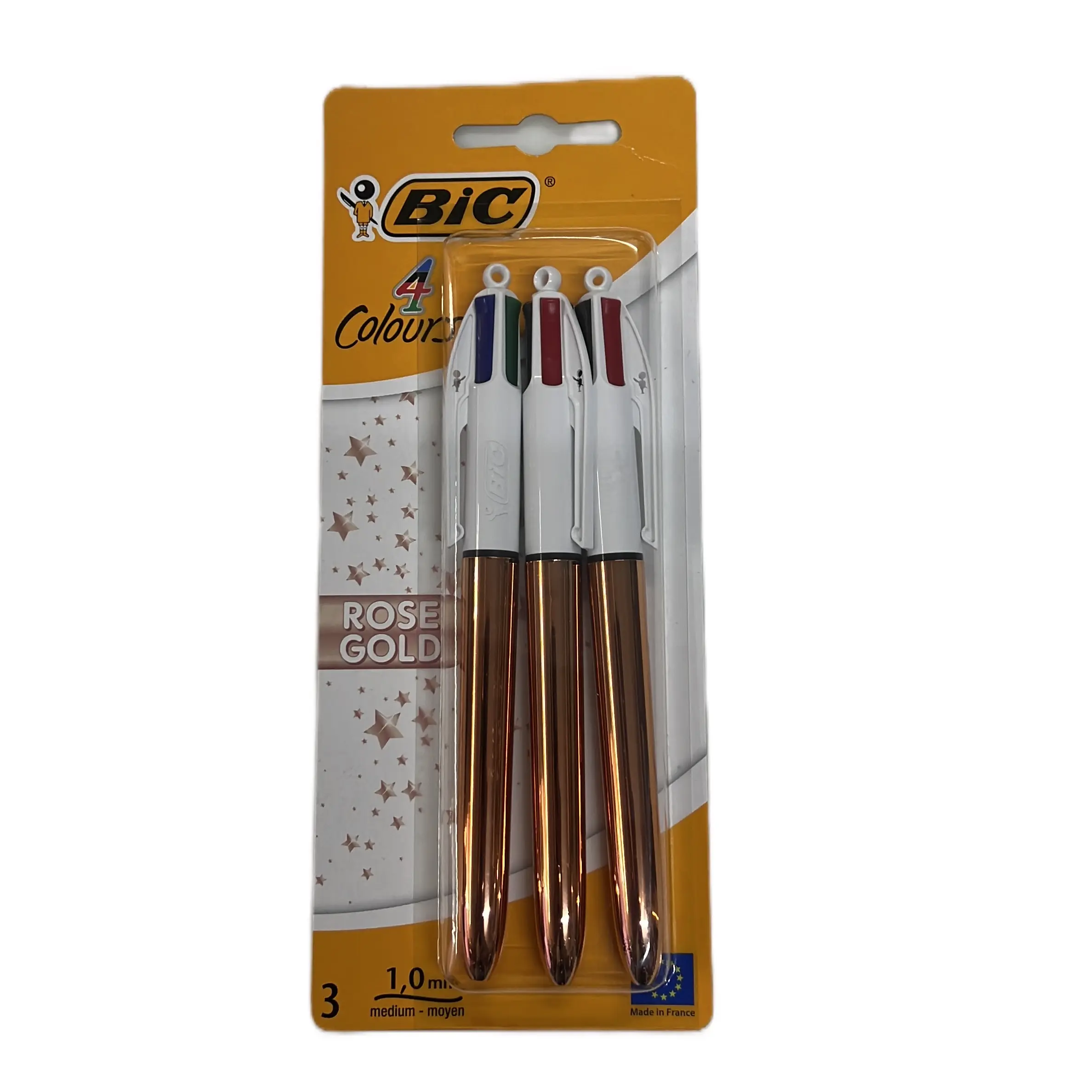 3 Pack BIC 4 Multi Colour Shine Ballpoint Pens in Blue with ROSE GOLD Accents