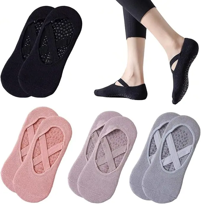 4 Pairs Non-Slip Yoga Socks,Yoga Socks for Women with GripsNon Slip Skid Socks Cotton for Women Non-Slip Grips & Straps, Ideal for Pilates, Fitness Yoga Socks for Yoga Dance and Fitness Ballet