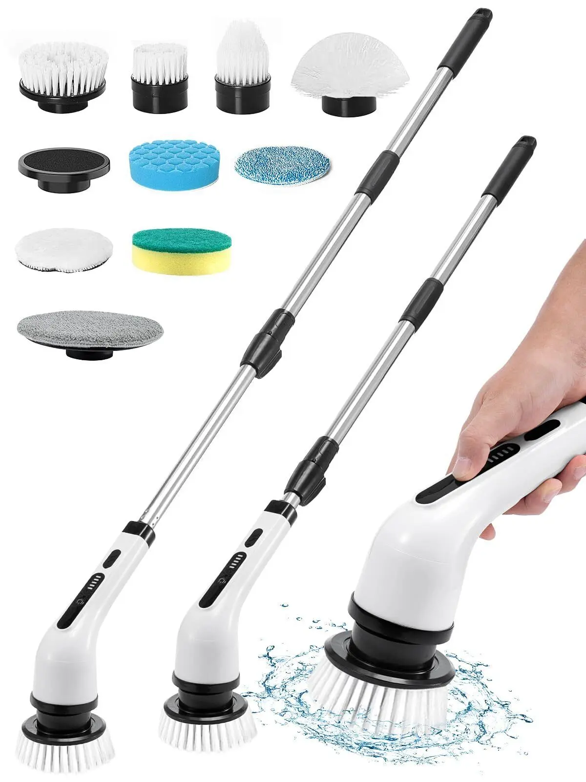 GoDyna  Electric Spin Scrubber Cordless Power Scrubber with 9 Replaceable Brush Heads & Toilet Brush Portable Cleaning Brush, 2 Speeds, Adjustable Extension Arm, Power Scrubbers for Floors, Tub, Tile